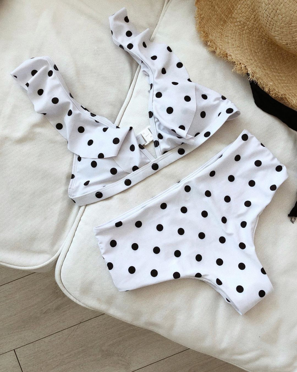 

Купальник в горошок з рюшами в стилі ретро білий, Белый, Кордова