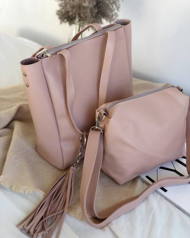 Шоппер "Равенна" с кисточками с длинными ручками и ремнем БРАК, Пудра 12878