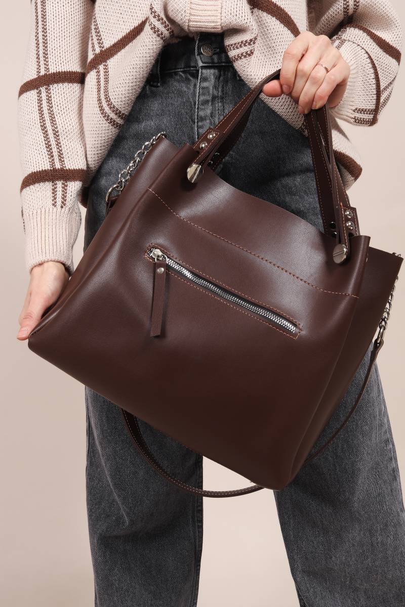 Шоппер "Триест" с гвоздиками и ремешком Romashka, Коричневый (4755)