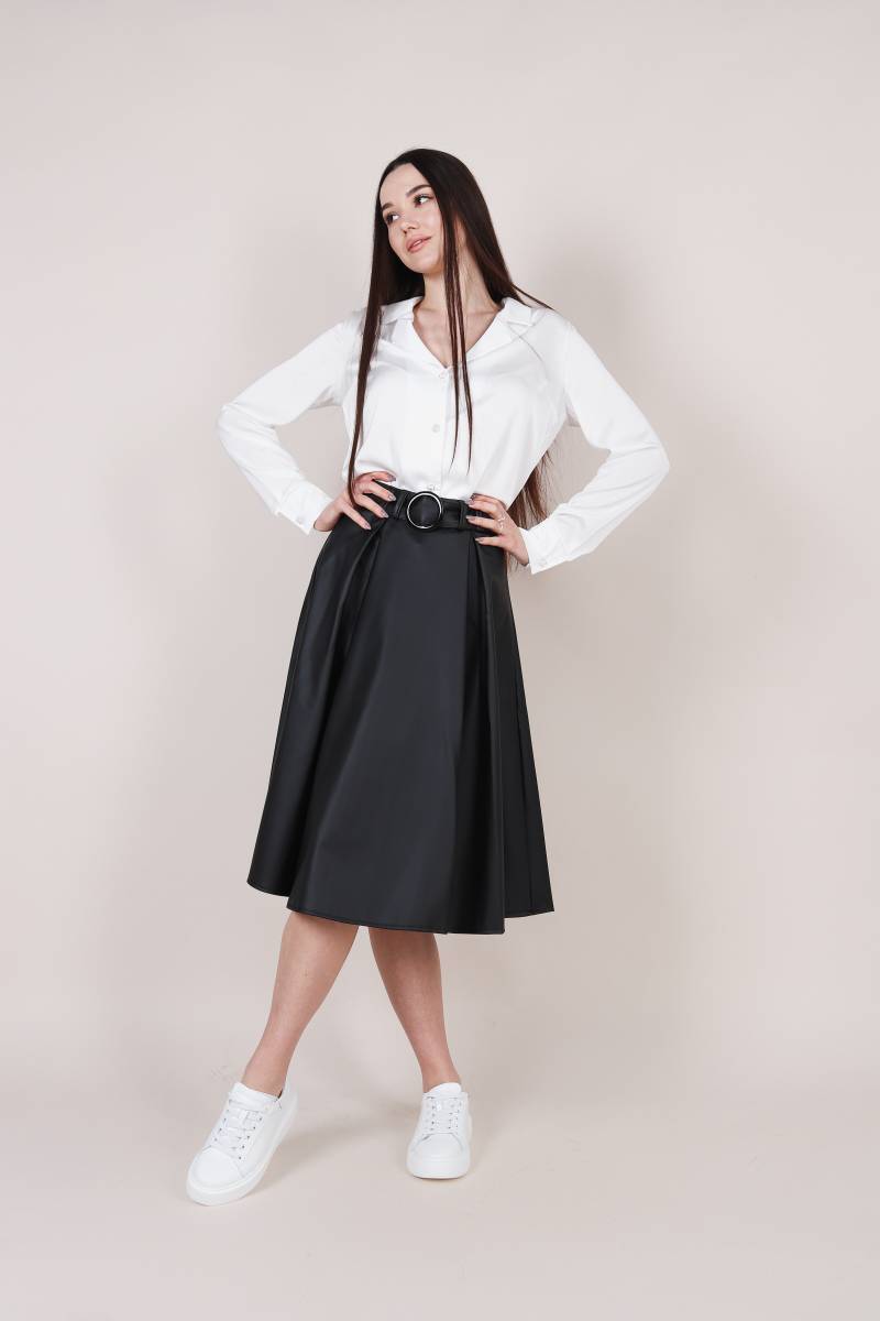 Юбка "Сан-Матео" кожаная солнце клёш с поясом Romashka, Черный, S (2826)