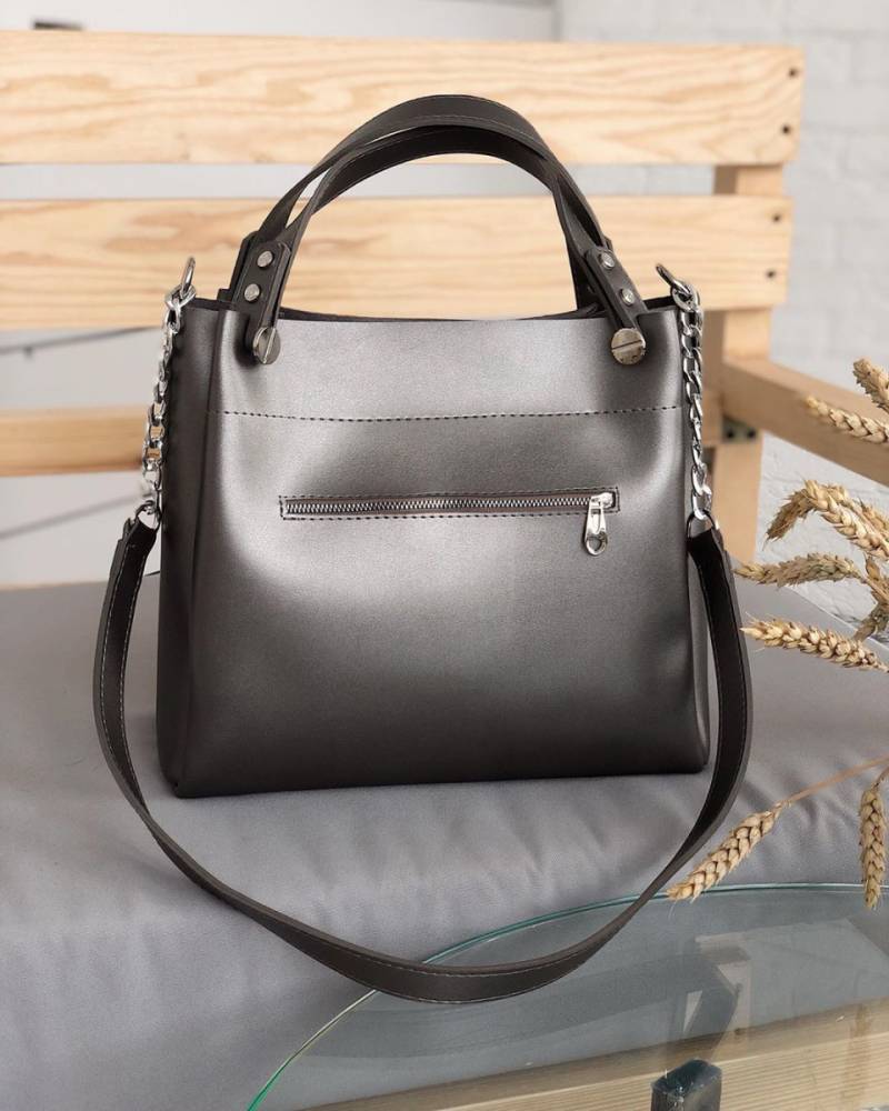 Шоппер "Триест" с гвоздиками и ремешком БРАК, Серебряный 11390