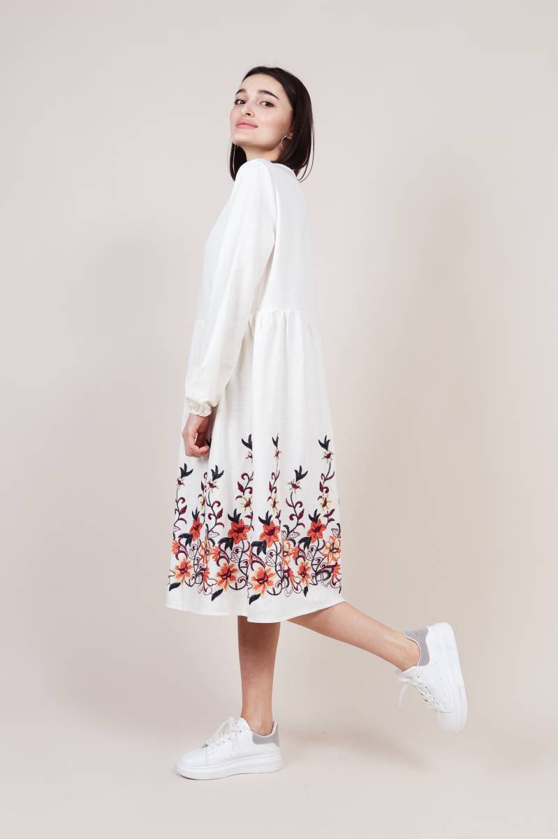 Платье "Левадия" льняное с вышивкой БРАК, Молочный, S|M 13055