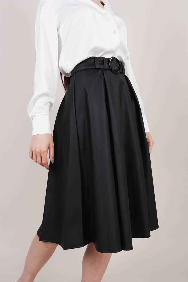 Юбка "Сан-Матео" кожаная солнце клёш с поясом Romashka, Черный, S (2826)