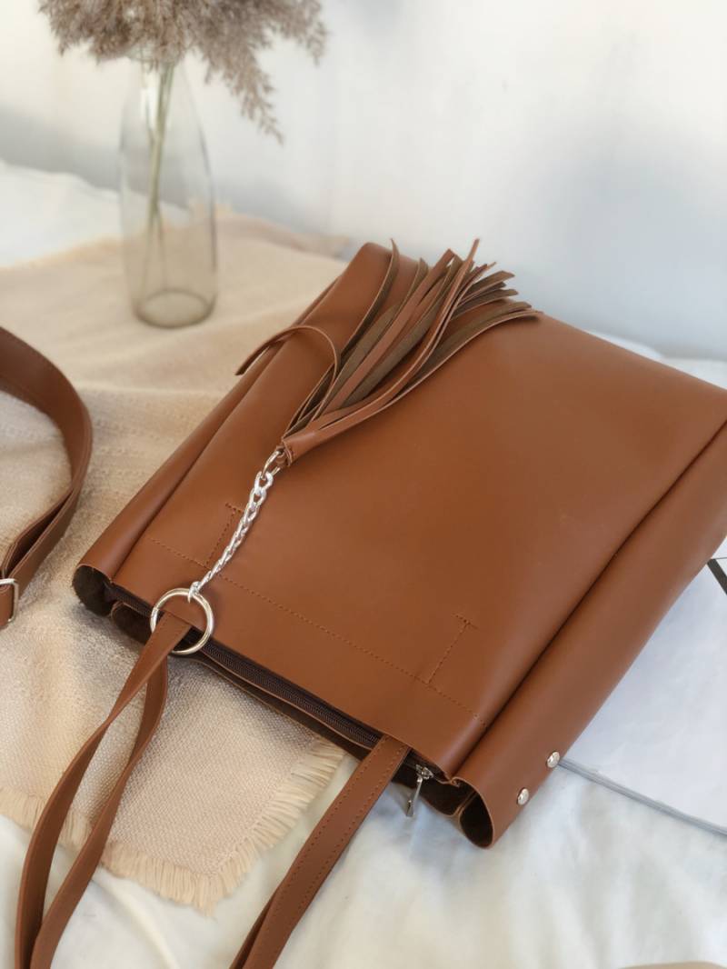 Шоппер "Равенна" с кисточками с длинными ручками и ремнем Romashka, Терракот (2173)