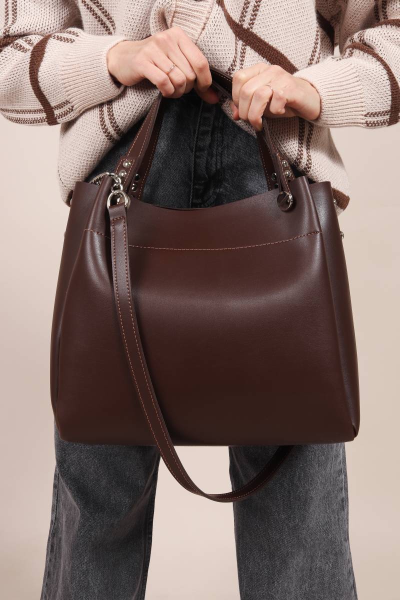 Шоппер "Триест" с гвоздиками и ремешком Romashka, Коричневый (4755)