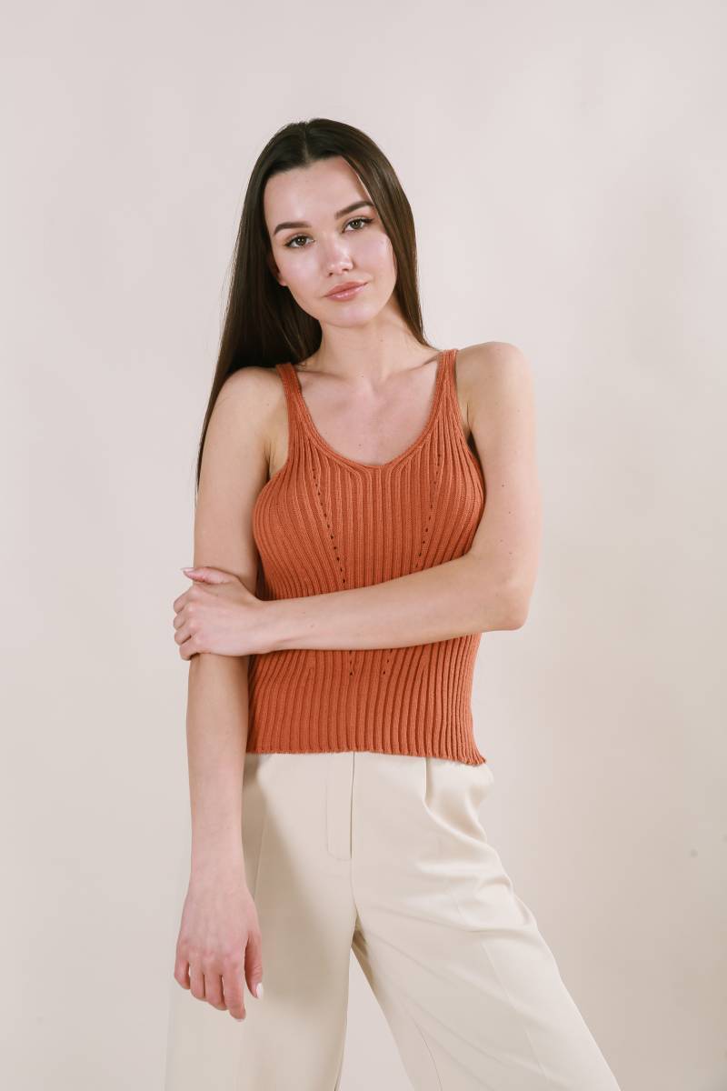 Майка "Бельгия" вязаная базовая на бретелях Romashka, Терракотовый (3447)