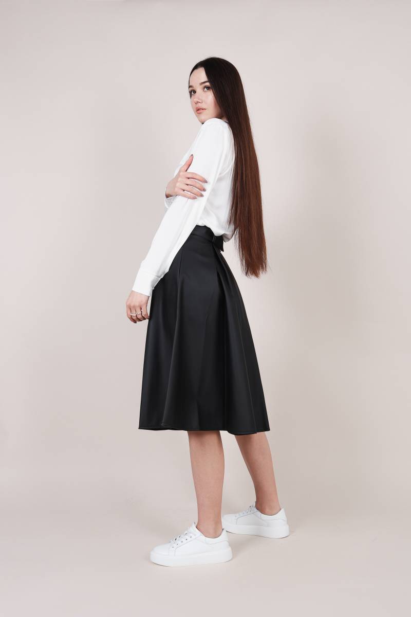 Юбка "Сан-Матео" кожаная солнце клёш с поясом Romashka, Черный, S (2826)