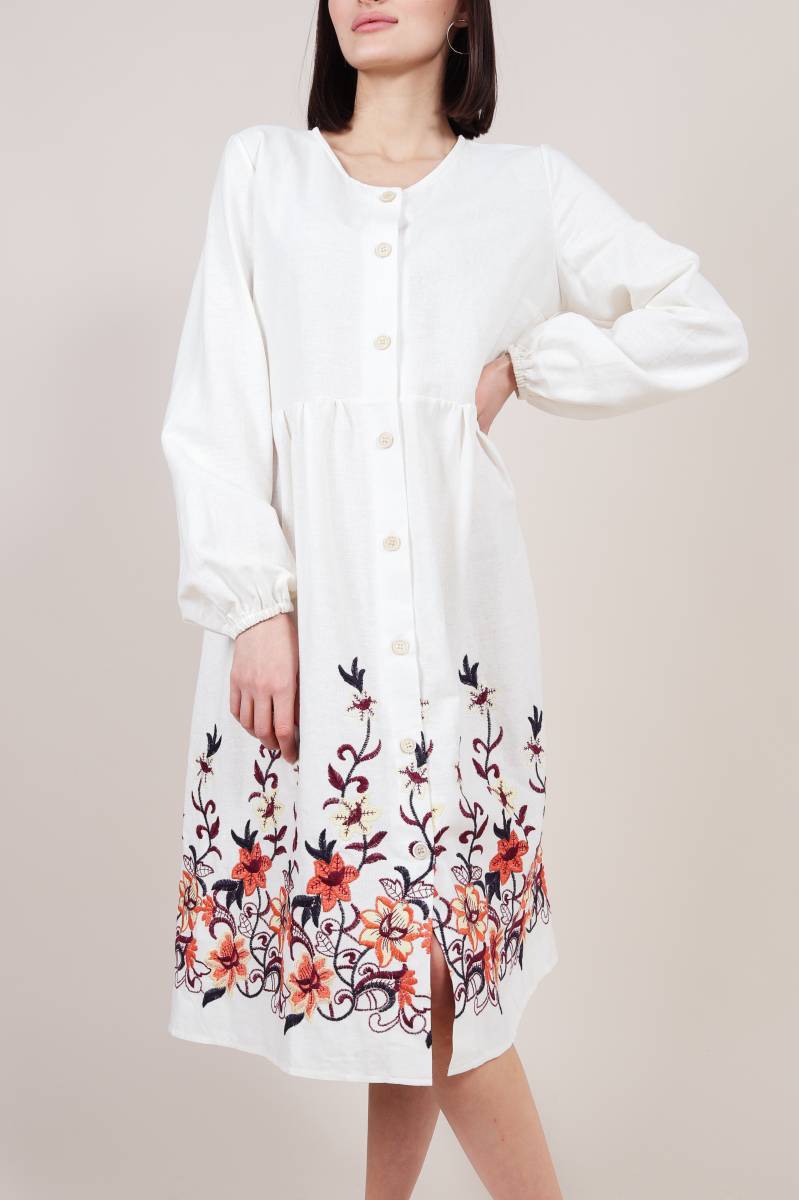Платье "Левадия" льняное с вышивкой Romashka, Молочный, M|L (9183)