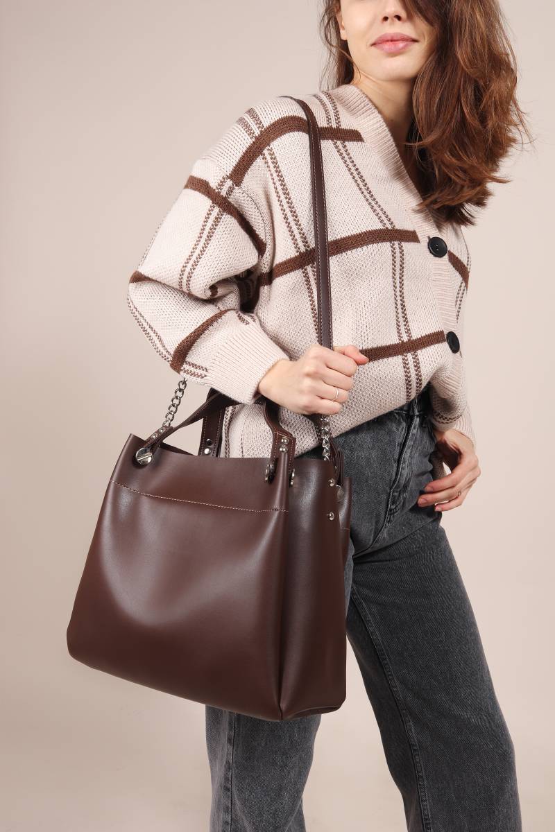 Шоппер "Триест" с гвоздиками и ремешком Romashka, Коричневый (4755)