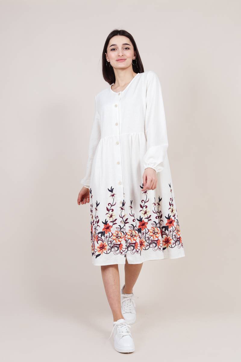 Платье "Левадия" льняное с вышивкой Romashka, Молочный, XS|S (9181)