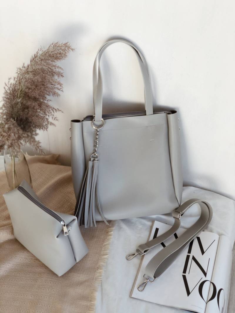 Шоппер "Равенна" с кисточками с длинными ручками и ремнем БРАК, Серый 11533