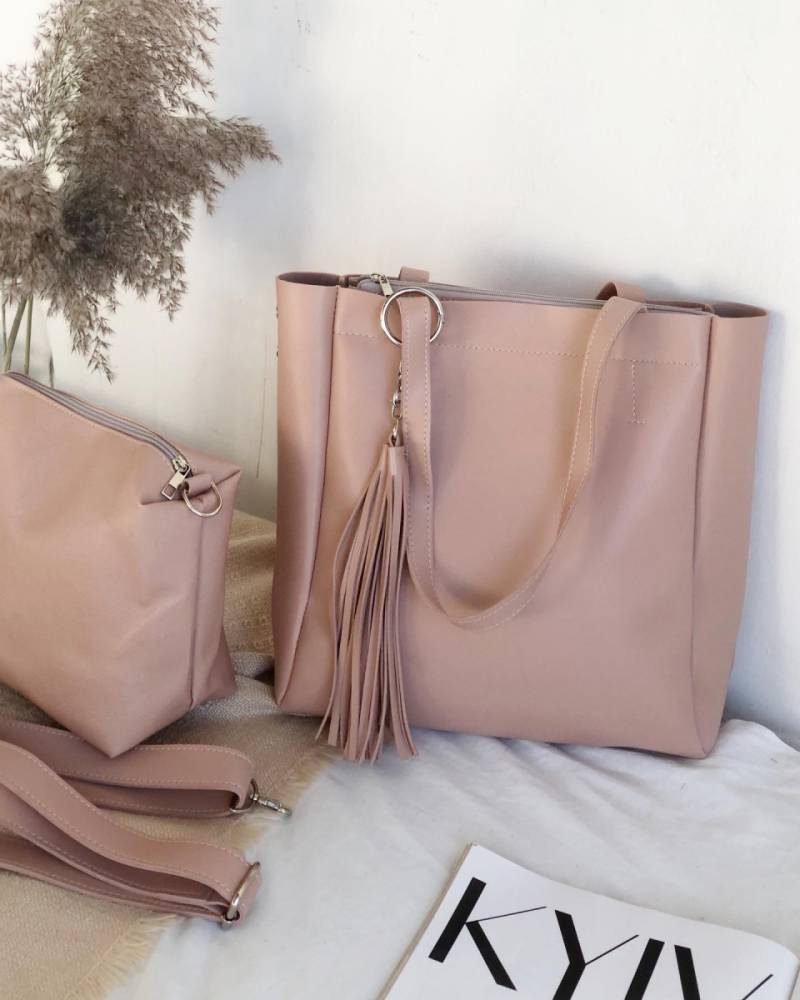 Шоппер "Равенна" с кисточками с длинными ручками и ремнем БРАК, Пудра 12878