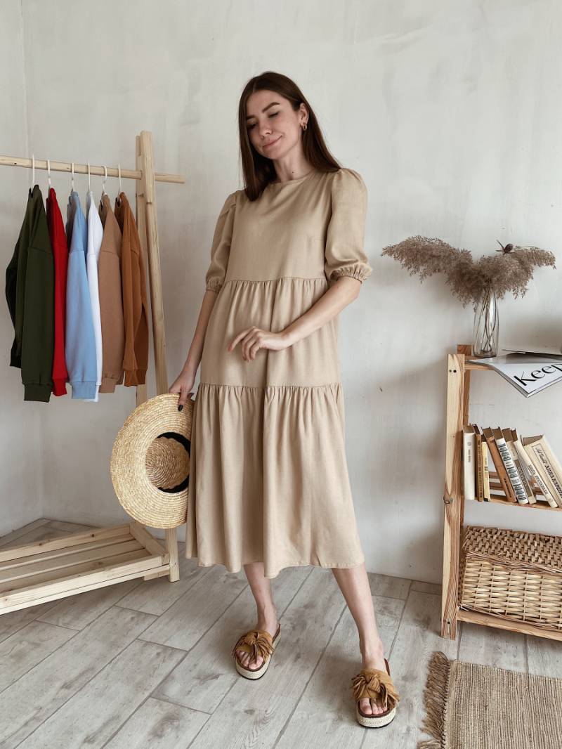 Платье "Тунис" льняное свободного кроя Romashka, Бежевый, One size (3534)